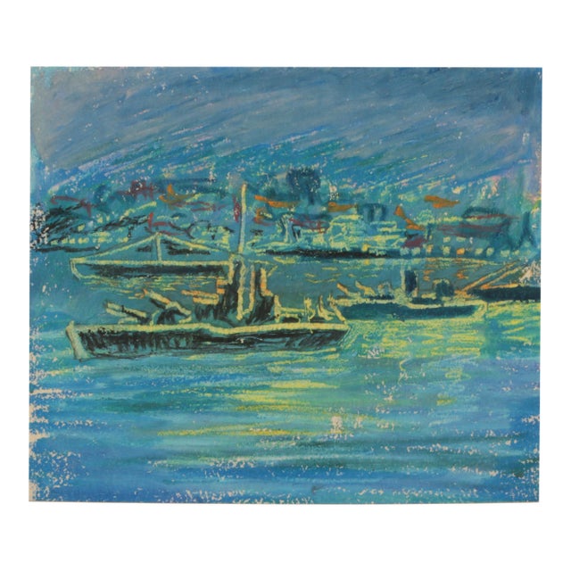 1951 Swedish Outsider Folk-Art Original Drawing of Military War Ships in Harbour in Oil Pastels in Blue, Green & Yellow For Sale