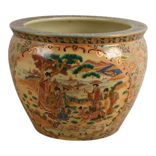 Large Hand-Painted Chinoiserie Satsuma Fishbowl Planter For Sale