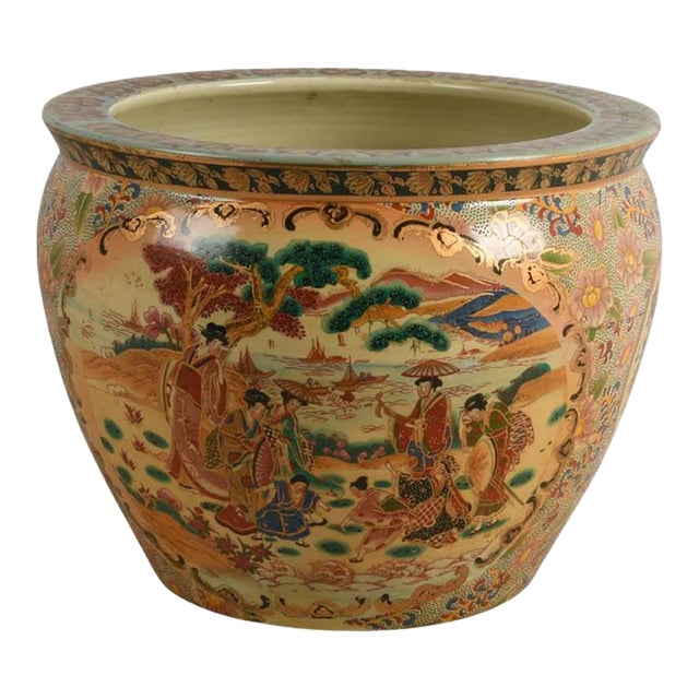 Large Hand-Painted Chinoiserie Satsuma Fishbowl Planter For Sale