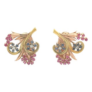 1950s Retro Ruby Blue Sapphire Diamond 18k Two-Tone Floral Earrings, A Pair For Sale