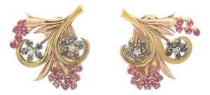 1950s Retro Ruby Blue Sapphire Diamond 18k Two-Tone Floral Earrings, A Pair
