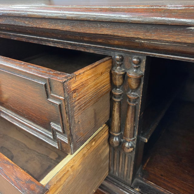 Antique English Carved Oak Sideboard With Intricate Geometric Carvings and Brass Hardware For Sale - Image 13 of 18