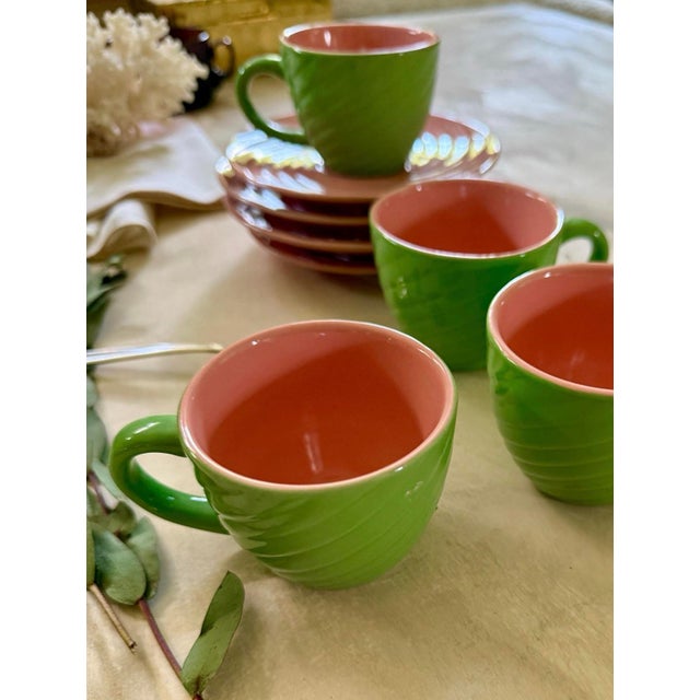 1950s Set of Four (4) MCM Teacups With Saucers in Pink and Green For Sale - Image 10 of 10