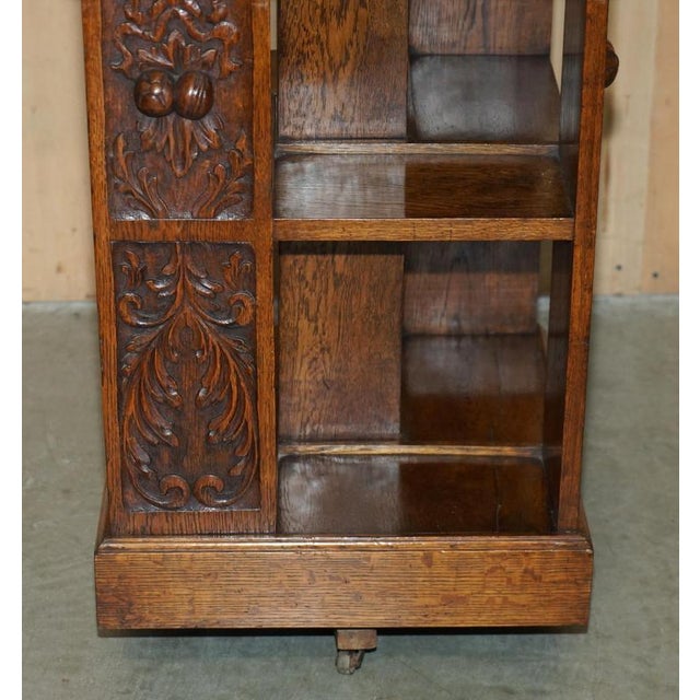 Carved 1880 Antique Victorian English Oak Revolving Bookcase Book Table For Sale - Image 4 of 17