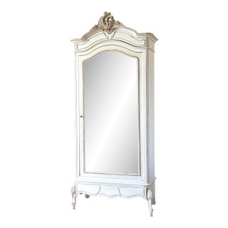 19th Century French Hand-Carved Mirrored Armoire – Single Door, Ornate Crest, Distressed White For Sale