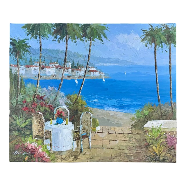 Vintage Mediterranean Seaside Signed Oil Painting of Italian Coastal Scene Original For Sale