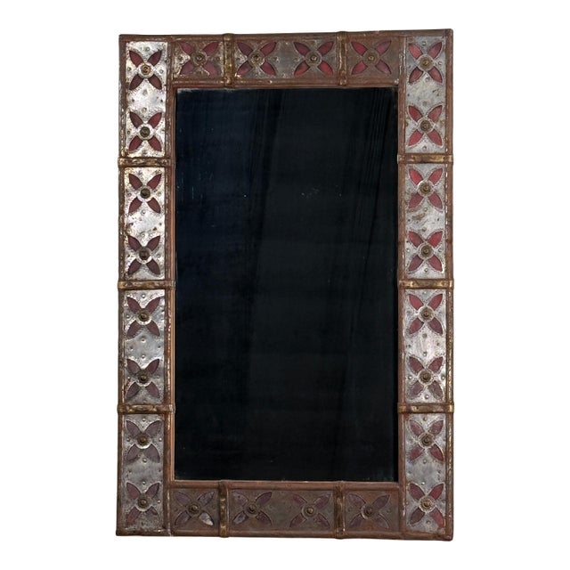 Vintage Spanish Colonial Style Patchwork Cut Metal Wall Mirror With Moorish Motif Frame For Sale