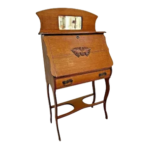 Early 1900s Antique Secretary Desk, Mirror Quarter Sawed Oak Locking Door, Key, Bottom Shelf