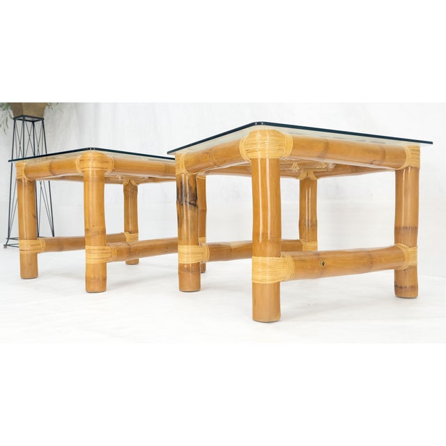 Brown Pair Thick Bamboo Glass Top Rectangle Glass Top End Side Lamp Tables MINT For Sale - Image 8 of 18