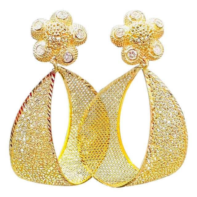 21 Kt Yellow Gold 12.8 Gm Dangling Earrings With Diamonds, 2.2 Inch Long For Sale