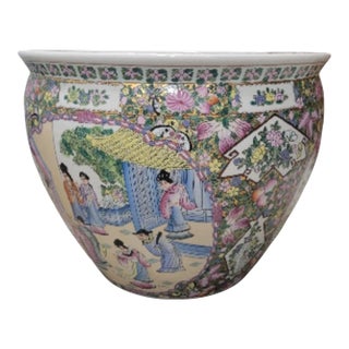 Vintage Oversized Qianlong Famille Rose Style Chinese Chinoiserie Porcelain Fish Bowl Planter For Sale