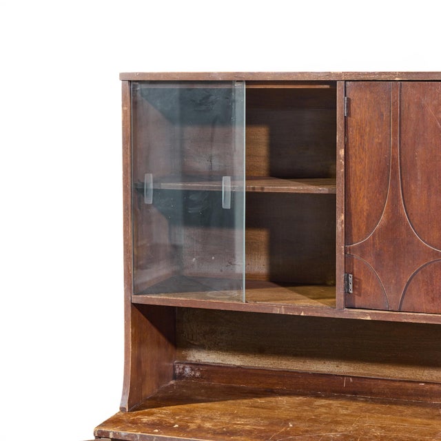 Wood Broyhill Brasilia Mid Century Walnut and Brass Offset Credenza and Hutch For Sale - Image 7 of 13