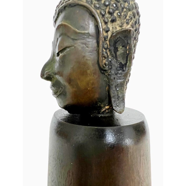 Figurative 19th Century Thai Patinated Bronze Buddha Head on Plinth - Trace Gilding For Sale - Image 3 of 12