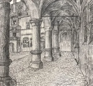 Barthélémy Bodmer, Cour intérieur, 1902, Charcoal on Paper