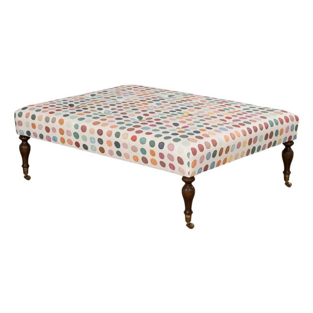 Vintage French Tufted Ottoman in Multicolor Linen Upholstery For Sale