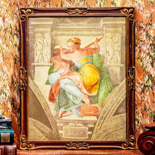 Burgundy Neoclassical Antique Painted Watercolor Effect Michaelangelo Framed Sistine Chapel Art History Libica Grand Tour For Sale - Image 8 of 17