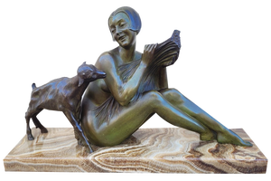 Armand Godard, Art Deco Woman and Lamb, 20th Century, Bronze on Onyx Base