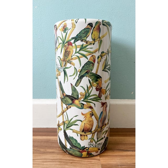 Chelsea House Inc Vintage Tropical Birds & Butterflies Ceramic Umbrella Stand – Hollywood Regency / Chinoiserie For Sale - Image 4 of 14