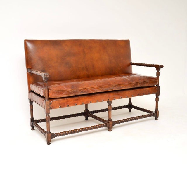 Antique Leather and Carved Oak Bobbin Sofa, 1890 For Sale - Image 13 of 13