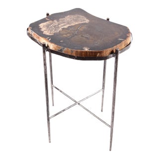 Living Edge Petrified Wood Top W Iron Stand Accent Table or Side Table 49 For Sale