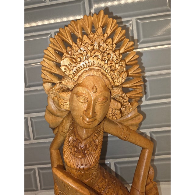 1950s Mid-Century Balinese Art Deco Seated Janger Dancer With Fan Sculpture For Sale - Image 5 of 10