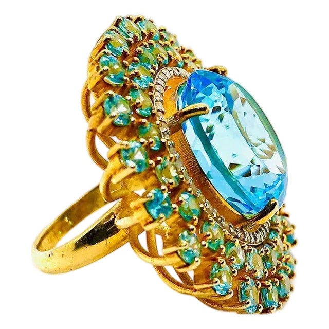 Bochic "Orient" Vintage Diamond & Multi Blue Topaz Ring Set In 18K Gold & Silver For Sale