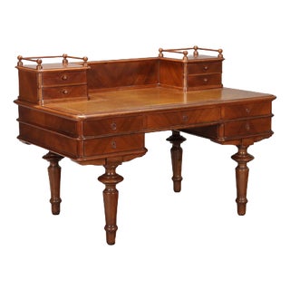 Antique Desk in Walnut with Leather Insert and Drawers, Italy, Late 19th Century For Sale