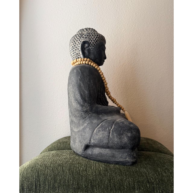 Contemporary Arhaus Seated Buddha Cast Stone Sculpture With Prayer Beads For Sale - Image 3 of 6