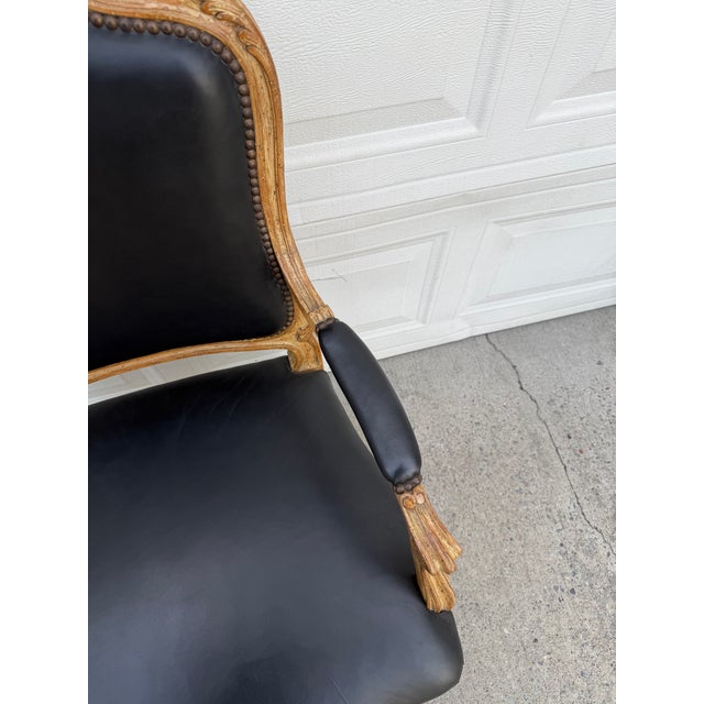 Vintage Louis XV French Carved Wood Fauteuil Armchair With Black Upholstery For Sale - Image 11 of 12