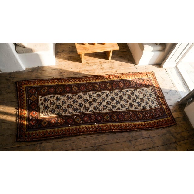 1870s Ivory Geoemtric Antique Nw. Persian Rug 3'5" X 8'8" Handmade Wool Carpet For Sale - Image 9 of 10
