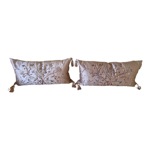 Pair of Vintage European Embroidered Silk Taffeta Cushions For Sale