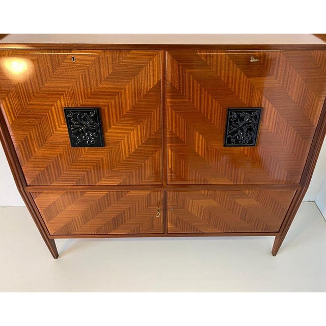Italian Secretaire with Geometric Veneer and Carved Panels, 1950s For Sale - Image 6 of 12