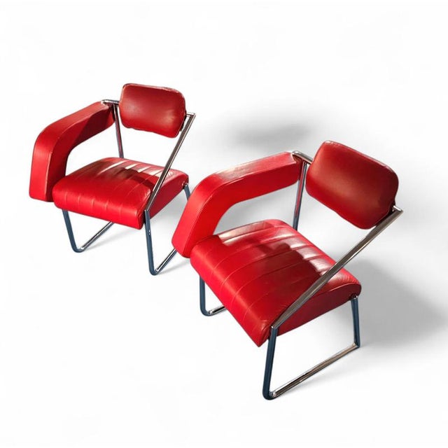 Red Leather Chairs by Eileen Gray for Alivar, Set of 2 For Sale - Image 3 of 18
