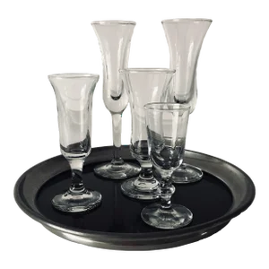 Midcentury Colonial Pewter Tray With Sherry, Shot After Dinner Glasses - Set of 6