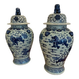Pair of Large Mid Century White & Blue Ginger Jars For Sale