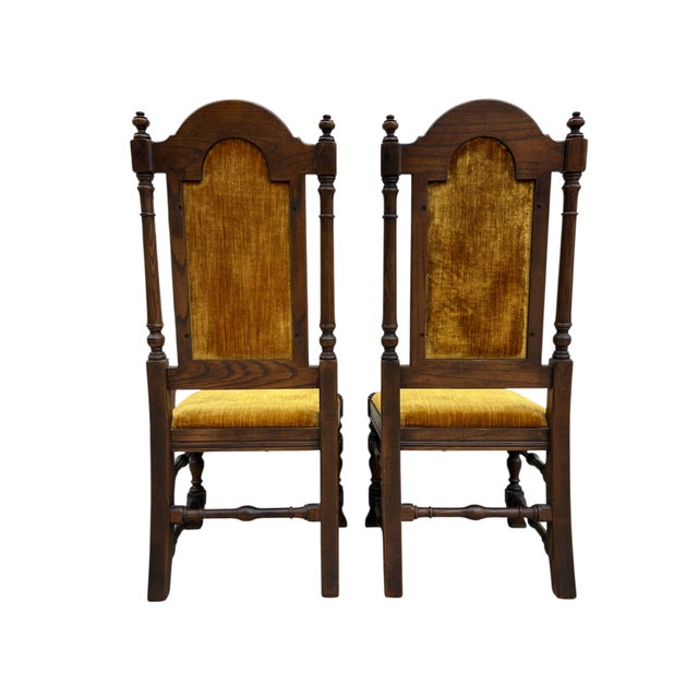 1980s Ethan Allen Jacobean Royal Charter Oak Dining Room Side Chairs Gothic Pair For Sale - Image 12 of 15
