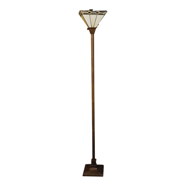 1970s Arts & Crafts Style Stained Glass Torchiere Floor Lamp For Sale