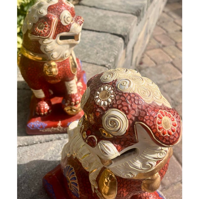 Pair of Vintage Japanese Kutani Porcelain Foo Dog Statues For Sale - Image 10 of 12