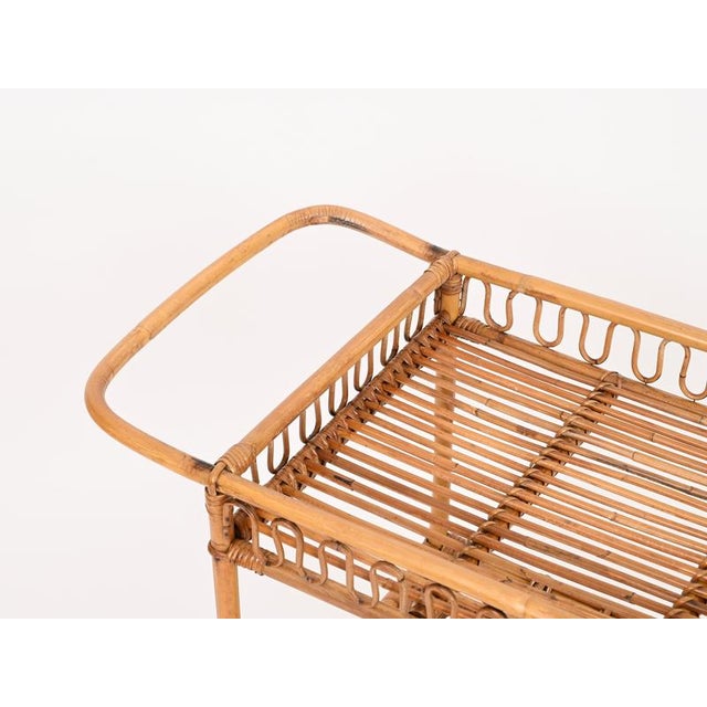 1960s Vintage Italian Rattan and Wicker Serving Bar Cart by Franco Albini, Italy, 1960s For Sale - Image 5 of 15
