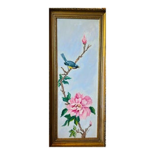 1950s Untitled Vintage Framed Signed Painting of Pink Magnolia and Blue Bird For Sale