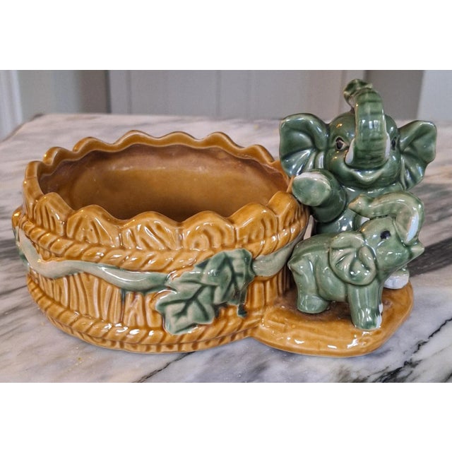 1970s Vintage Elephant Motif Majolica Style Planter For Sale - Image 5 of 10