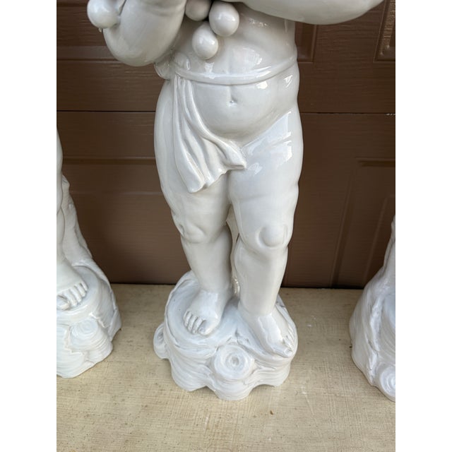 Mid 20th Century Neoclassical Italian White Porcelain Allegorical Cherub or Putti Statues of the Four Seasons, Set of 4 For Sale - Image 9 of 18
