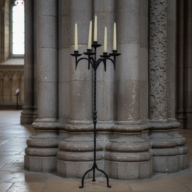 Hand Forged Iron Floor Candelabra 48.5″ (123cm) Antique Gold Patina 5-Arm Grand Candelabra Wedding & Home Decor For Sale - Image 4 of 8
