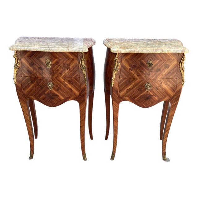 Exceptional Pair French Inlay Night Tables W/Marble For Sale