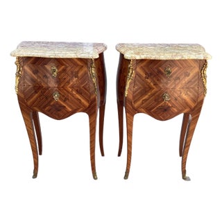 Stunning French Inlay Night Tables W/Marble For Sale