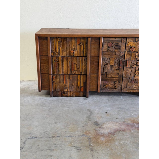 1970s Lane Pueblo Brutalist Oak Lowboy Dresser – Paul Evans Style Credenza Mosaic Front 1970s For Sale - Image 5 of 9