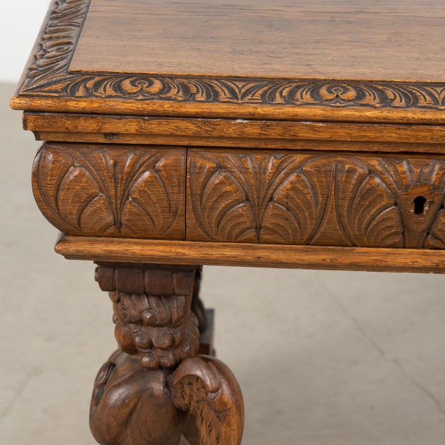 Wood 19th Century Danish Carved Oak Desk With Angels and Trestle Base For Sale - Image 7 of 18