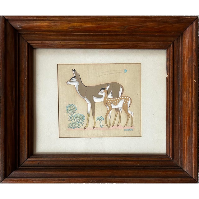 Mid-Century Modern Mid Century Original Painting of a Deer and Fawn For Sale - Image 3 of 5
