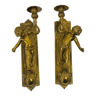 Pair of Antique Baroque Gilded Bronze Angel Sconces, France, 1920s (2) For Sale