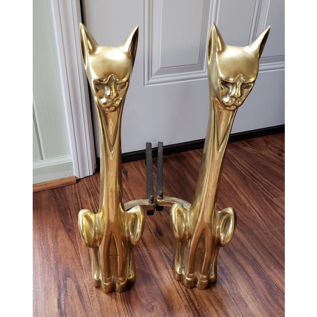 1950s Mid Century Modern Brass Siamese Cat Fireplace Andirons a Pair